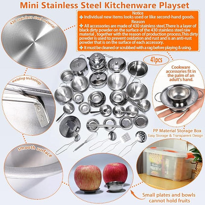 Mini Size Kids Kitchen Pretend Play Toys Accessories with Stainless Steel Cookware Pots and Pans Set,Classic Kitchen Accessories Cooking Utensils Set Tiny Role Play Cooking Play Toy for Kids Toddlers
