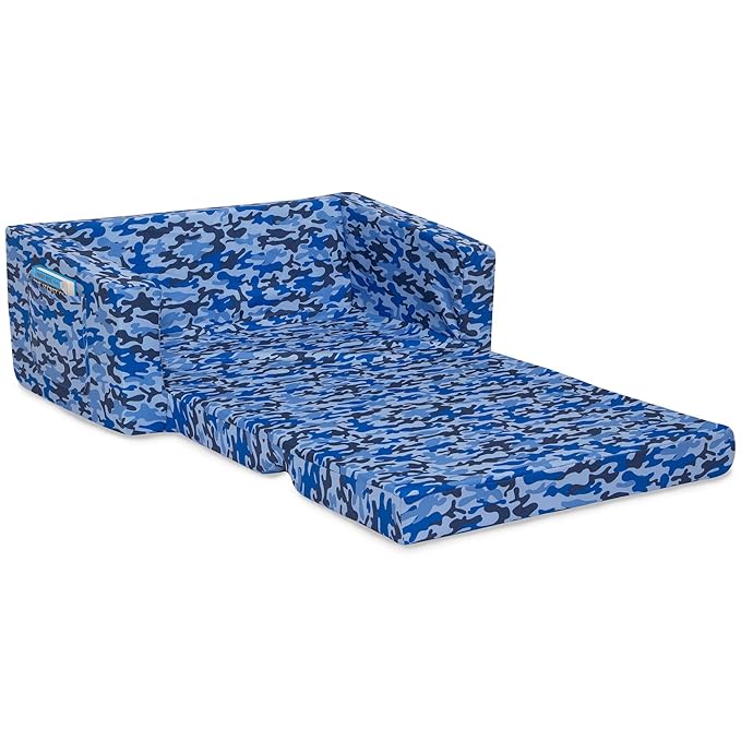 Delta Children Cozee 2-in-1 Extra Wide Convertible Sofa to Lounger-Comfy Flip Open Couch/Sleeper for Kids, Blue Camo