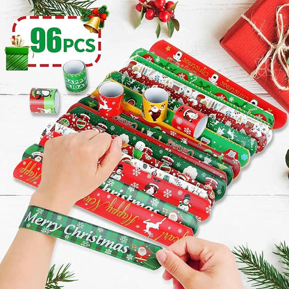 96 PCS Christmas Party Favors for Kids Bulk，Treats Bags Slap Bracelets Holiday Slap Bracelet Trinkets for kids School Classroom Students ，Goody Goodies Bag Stocking Stuffers Gifts Toys Xmas Gift