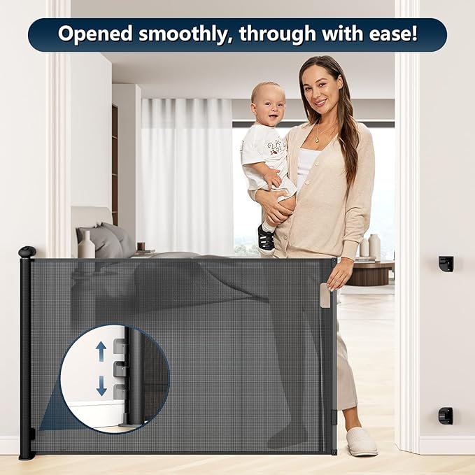 Bulubaky Extra Tall Safety Retractable Baby Gate Adjustable Wide Retractable Dog Gate Mesh Baby Gate Child Gate for Doorway, Hallway, Stair Gates for Kids or Pets (Black, 33" Tall x 110")