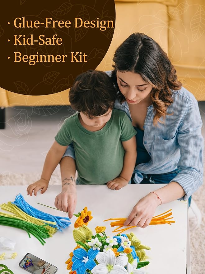 LENYNAL 500 Pcs Pastel Pipe Cleaners Craft Bulk, Orange Pipe Cleaner Flower Kit, Glue-Free & Safe for Kids, Step-by-Step Tutorial, 6 Colors Chenille Stems for Flower Making