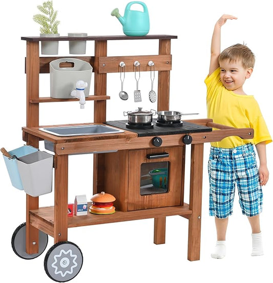 Mud Kitchen for Kids Outdoor,Wooden Play Kitchen with Removable Sink, Faucet,Storage Shelves, Backyard Garden Toddler Kitchen Playest, Kitchenware, Stove, Gift for Boys and Girls