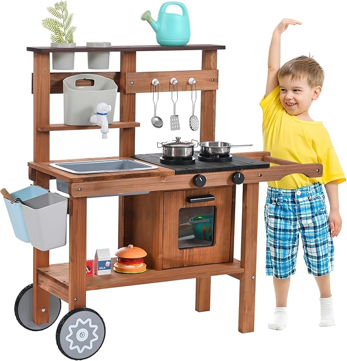 Mud Kitchen for Kids Outdoor,Wooden Play Kitchen with Removable Sink, Faucet,Storage Shelves, Backyard Garden Toddler Kitchen Playest, Kitchenware, Stove, Gift for Boys and Girls