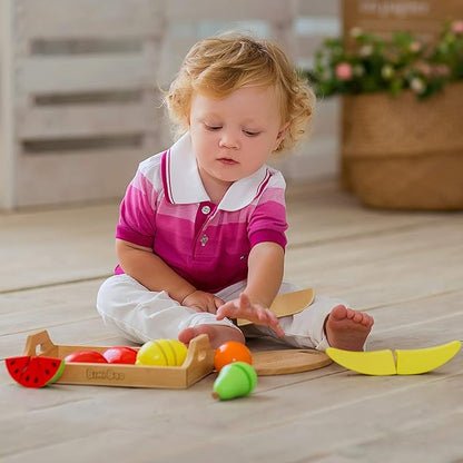Bimi Boo Wooden Cutting Fruit Set Toy - Play Food Kitchen Accessory, Pretend Play for Toddlers (6 Fruits, Knife, Cutting Board, and Storage Tray)