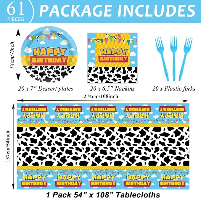 Cartoon Story Birthday Party Supplies Cow Print Party Tableware Includes Cartoon Story Party Plates Napkins Fork and Blue Sky White Clouds Tablecloth for Baby Show Parties Decorations Set Serve 20
