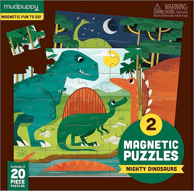 Mudpuppy Mighty Dinosaurs - Tri Fold Magnetic Puzzles Featuring Two 20 Piece Dinosaur Themed Artwork