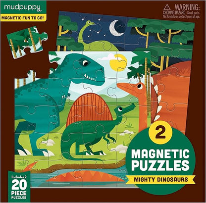 Mudpuppy Mighty Dinosaurs - Tri Fold Magnetic Puzzles Featuring Two 20 Piece Dinosaur Themed Artwork