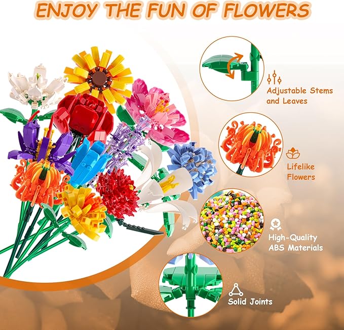 Flowers Bouquet Building Set (1064PCS), 12 Kinds Artificial Flowers Bouquet Set for Adults, Kids, Boys, Girls, Idea Gifts for Mother's Day, Birthdays, Creative Toys Kits Decor for Home Room