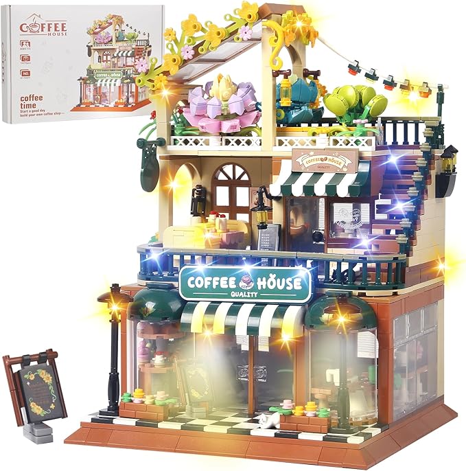1470PCS Coffee Shop House Architecture Building Set(Not Compatible with Lego House Size,3.6MM Mini Bricks),Cafe Shop City Construction Building Model Kit,Unique Collection Present Toy for 6+
