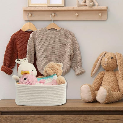 XUANGUO Small Woven Storage Baskets 12“X8”X5“ Decorative Rope Bins for Organizing Shelves, Closets, and Toys, Empty Gift Baskets, Cute Organizer Basket for Home and Office (white, regular)