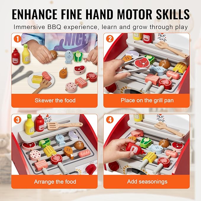 VEVOR Kids BBQ Grill Toy, Wooden Barbecue Kitchen with Realistic Carbon Fire, Wooden Play Food Kitchen Accessory (26 PCS), Indoor/Outdoor Interactive Pretend Play Toys for Boys Girls Ages 3+ Gift