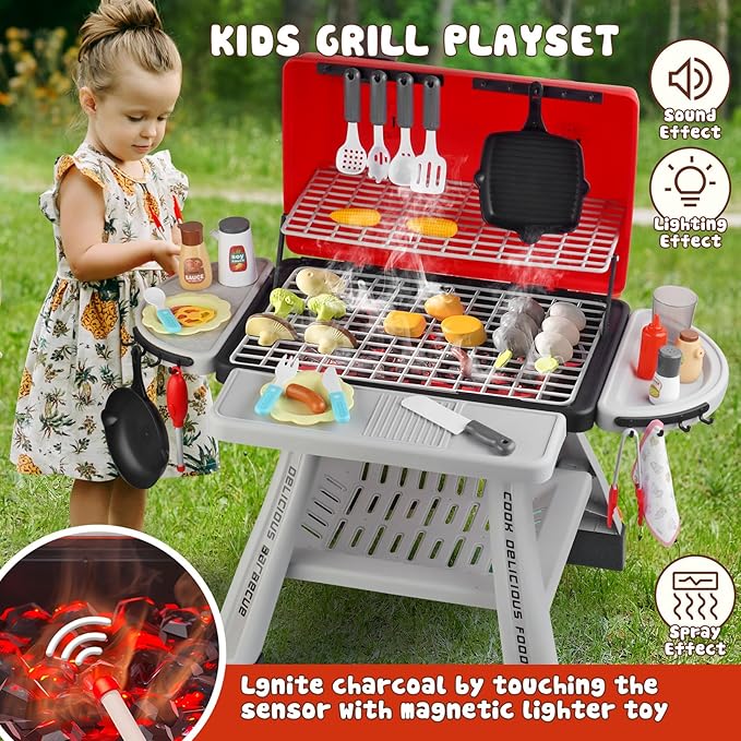 Toddler BBQ Grill Playset - Kitchen Toy Set with Smoke Sound & Light, Toy Grill BBQ Playset for Kids with Pretend Play Food Toys in/Outdoor Interactive Toys BBQ Cooking Game for Girls Boys