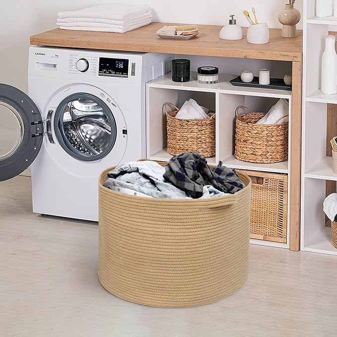 MEGASKET Extra Large Storage Basket, 22" X 22" X 14" Stuffed Animal Basket for Living Room Kids Room, Soft Cotton Rope Bin With Handle, Throw Blanket Storage, Stuffed Animal Toy Organizer Box