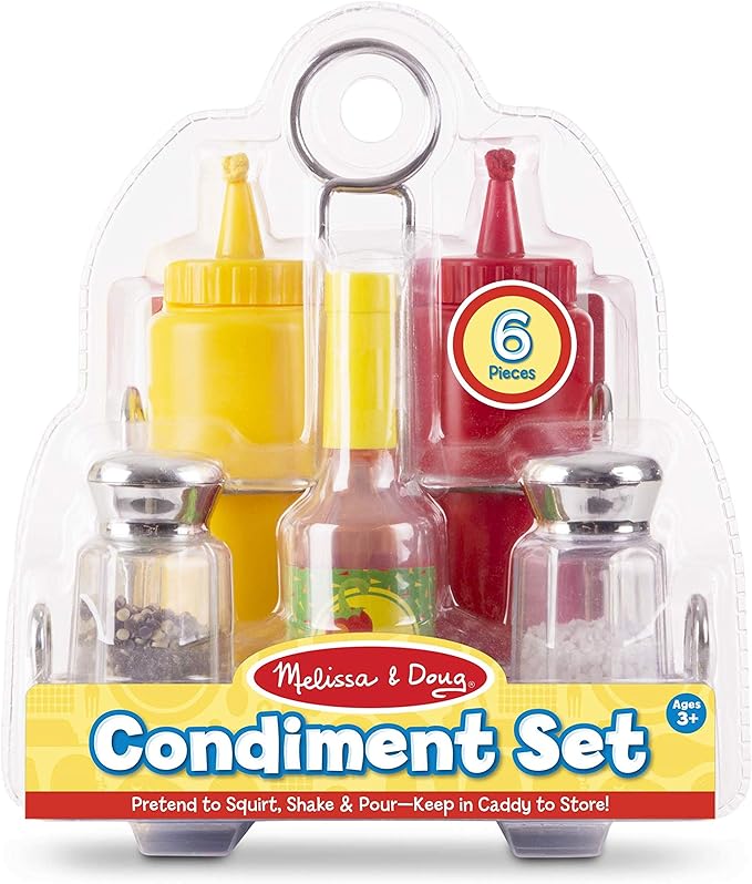 Melissa & Doug Condiments Set (6 pcs) - Play Food, Stainless Steel Caddy