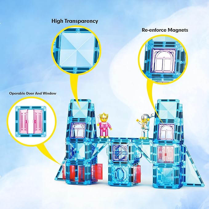 PicassoTiles 71pc Mini Diamond Series Winter Ice Theme Magnetic Tile Building Blocks 2 Character Action Figures Travel Size On-The-Go Magnet Construction Toy Set STEM Development Kit Ages 3+ PTM71