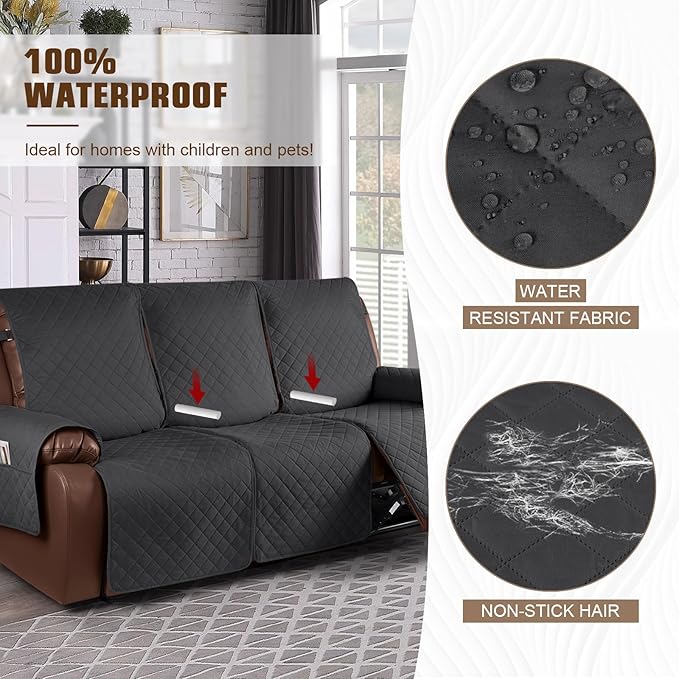 KinCam Waterproof Recliner Sofa Cover, Non-Slip Reclining Couch Covers for 3 Seat, Recliner Couch Cover Furniture Protector with Elastic Straps for Pets, Kids, Charcoal Gray