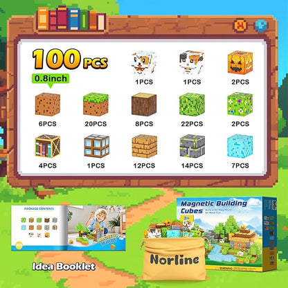 Norline Magnetic Blocks - 100PCS Build Mine Magworld Forest Cottage Set, Kids Building Toys for Boys Girls Age 3-5 4-8 5-7, Construction Craft Sensory Toys Birthday Gifts for 3+ Years Old