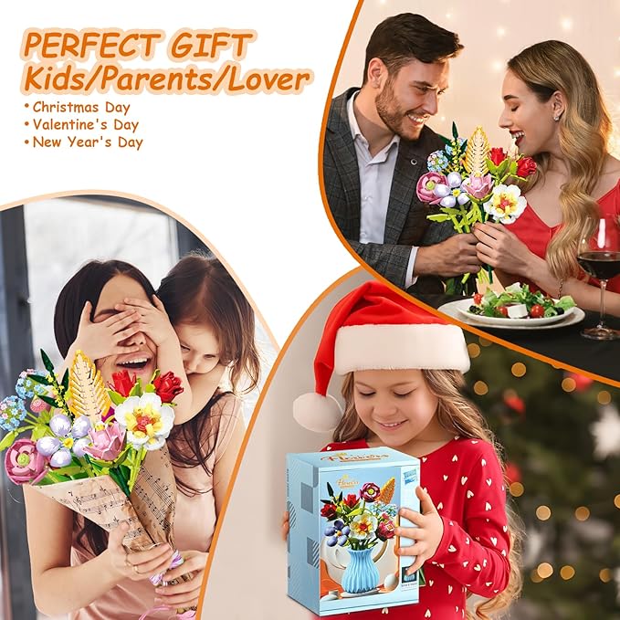 Flowers Bouquet Building Set with Vase, 8 Kinds Artificial Flowers Bouquet Set for Adults, Women, Girls, Idea Gifts for Mother's Day, Birthdays, DIY Unique Decoration for Home Room, 691PCS