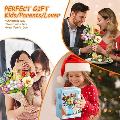 Flowers Bouquet Building Set with Vase, 8 Kinds Artificial Flowers Bouquet Set for Adults, Women, Girls, Idea Gifts for Mother's Day, Birthdays, DIY Unique Decoration for Home Room, 691PCS