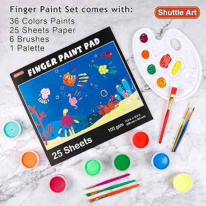 Shuttle Art Washable Finger Paint, 44 Pack Kids Paint Set with 36 Colors Toddler Paints(30ml, 1oz) for Toddlers, Paint Brushes, Finger Paint Paper Pad, Palette, Non Toxic Paint for Kids Art & Craft