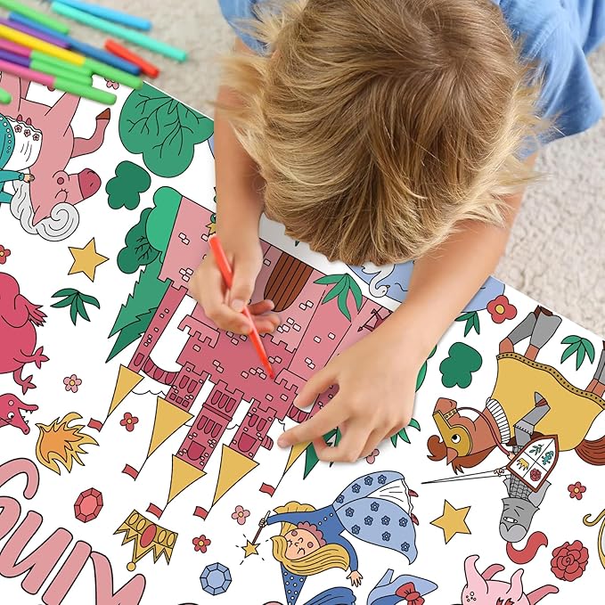Magic Kingdom Giant Coloring Poster for Kids 30 x 72 Inch, Princess Large Coloring Poster Tablecloth, Fairy Themed Color-in Activities Games for Kids School Classroom Home Party Supplies Decorations