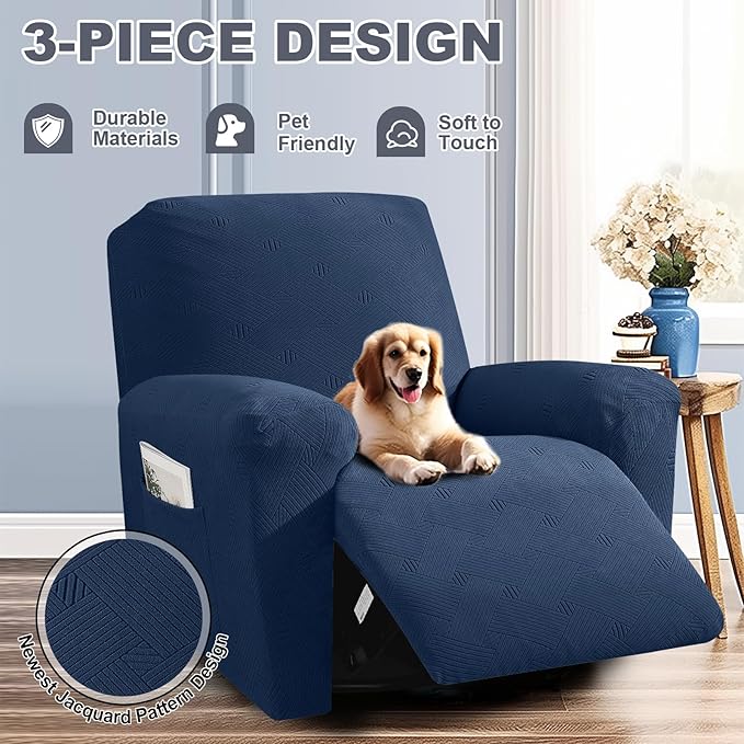 JIVINER Oversized Recliner Chair Covers, 3 Piece Slipcovers for Large Recliner Chair Soft Jacquard Reclining Chair Protector Slipcovers for Dogs,Cats (X-Large, Navy Blue)