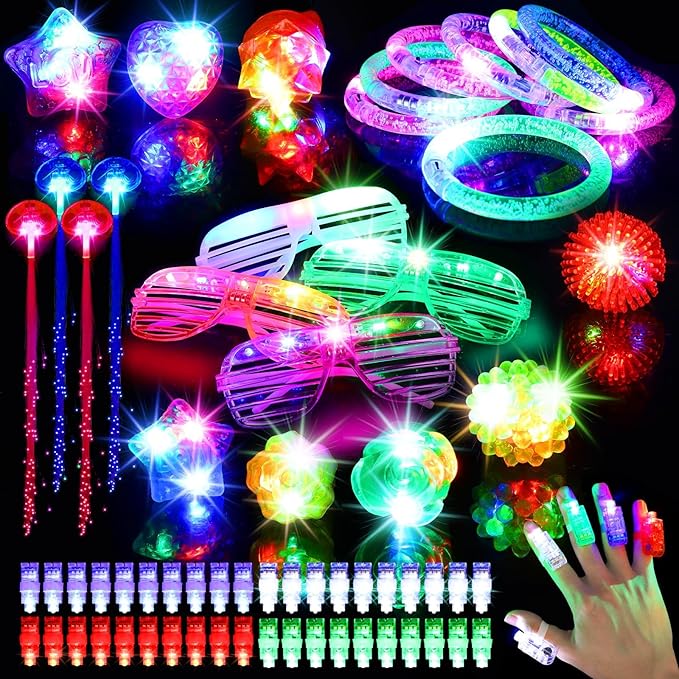 64 Pack Glow in the Dark Party Supplies, Light Up Toys Birthday Christmas Party Favors, 40 Finger Flashing, 8 Jelly Ring, 4 Flashing Glasses, 8 LED Bracelet, 4 Fiber Optic Hair Light