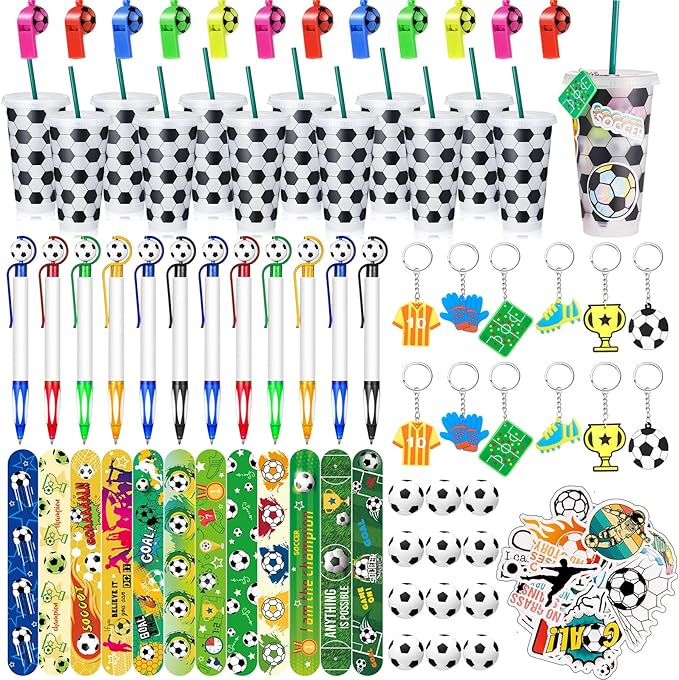 122 Pcs Soccer Party Favors Set Soccer Goodie Bags Stuffers Includes Cups with Straw Mini Stress Ball Keychains Slap Bracelets Whistles Stickers Pens for Birthday Party Supplies