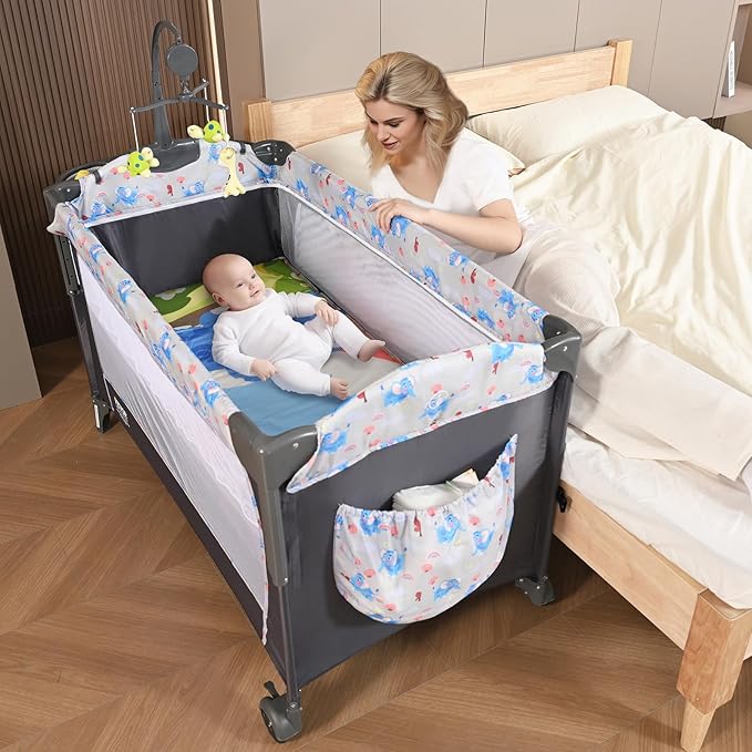 VEVOR Baby Bassinet, Pack and Play Bassinet Fold Portable Baby Bedside Sleeper Crib with Changing Table, Baby Playards Bed with Mosquito Net(Two Wheels)…