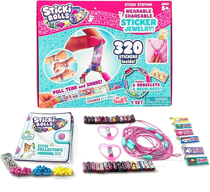 STICKI ROLLS Sticki Station - Ultimate DIY Sticker Jewelry Kit | Includes 320 Mini Stickers | Builds 6 Bracelets & 2 Necklaces | 2 Pendants & 144 Beads | Over 1000 Designs to Discover and Collect!