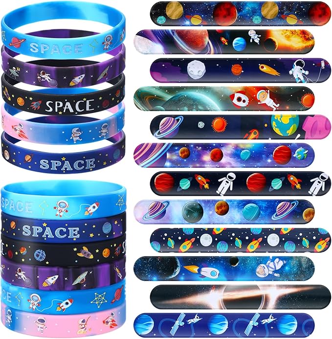 48 Pcs Outer Space Party Favors 24 Space Slap Bracelets 24 Silicone Wristbands Galaxy Astronaut Bracelets Bulk for Kids Classroom Rewards Stars Solar System Planet Birthday Party Supplies