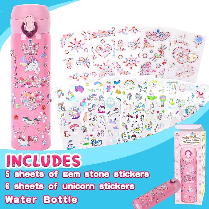 YOFUN Decorate Your Own Water Bottle with 11 Sheets of Unicorn Stickers & Glitter Gems, Craft Kit & Art Kit for Children, Gift for Girls Age 4 5 6 7 8 9 10 Years Old Kids, BPA Free Insulated (Pink)