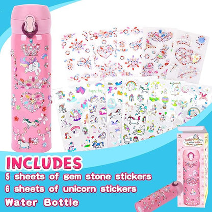 YOFUN Decorate Your Own Water Bottle with 11 Sheets of Unicorn Stickers & Glitter Gems, Craft Kit & Art Kit for Children, Gift for Girls Age 4 5 6 7 8 9 10 Years Old Kids, BPA Free Insulated (Pink)