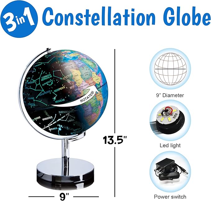 USA Toyz Illuminated World Globe with Stand - 3in1 STEM Globes for Adults and Kids, Constellation Map, Built-In LED Night Light Lamp, Easy to Read Texts, Non-Tip Base, 13.5 Inch Tall, 9 Inch Diameter