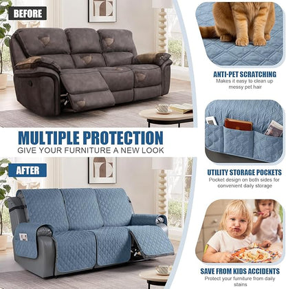 TAOCOCO 100% Waterproof Recliner Covers, Recliner Sofa Covers with Leg Straps, Reversible Recliner Couch Cover for Reclining Chair, Washable Couch Protector for Pets Kids(3 Seater, Sky Blue)