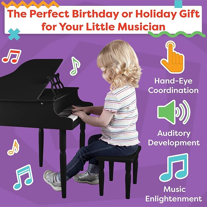 Kids Piano - 30 Key Mini Grand Piano with Music Stand, Bench, and Note Stickers - for Beginners - Instruments for Kids by Hey Play (Black)