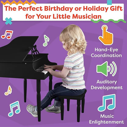 Kids Piano - 30 Key Mini Grand Piano with Music Stand, Bench, and Note Stickers - for Beginners - Instruments for Kids by Hey Play (Black)