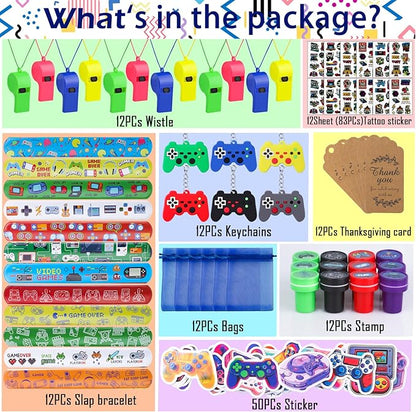 134 Pcs Video Game Party Favors, Includes Video Game Slap Bracelet Keychain Stamper Whistle Mesh Bag Card Stickers Tattoos for Kids Gaming Party Favors Birthday Goodie Bag Fillers