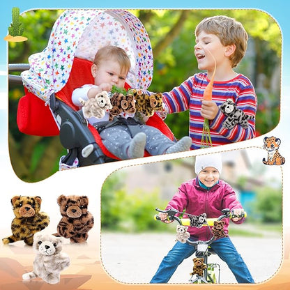 HyDren 4 Pcs Stuffed Animal Slap Bracelets for Kids,8 Inch Plush Snow Leopard Hamster Hugger Slap Bracelets Bulk Toy Hug Snap Wristbands for Girls Boys Birthday Gifts Party Favors(Snow Leopard)