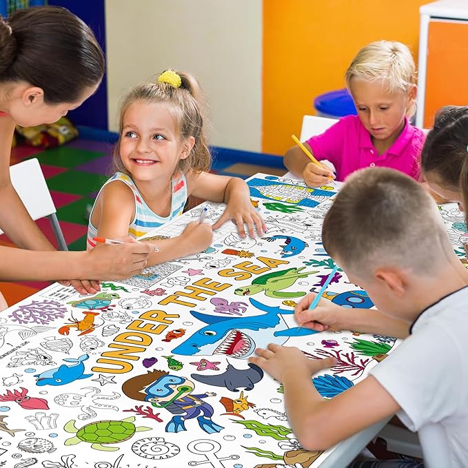 Under The Sea Large Coloring Poster for Kids 30 x 72 Inch, Ocean Animals Giant Coloring Paper Tablecloth, Sea Themed Color-in Activities Games for Kids School Classroom Home Party Supplies Decorations