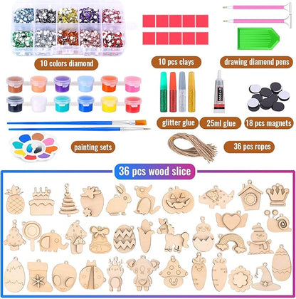 36 Pcs Wooden Magnets DIY Kit Wooden Art Craft Hanging Ornament Painting Craft Kit Gifts for Kids Boy Girl Easter Crafts Toys Basket Goodie Bag Stuffers