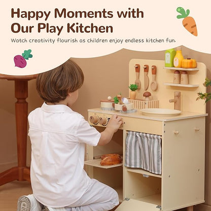 Play Kitchen for Kids, Classic Wooden Kitchen Playset with Food Accessories Set Ideal for Creative Pretend Play, Suitable for Toddlers, Girls & Boys Ages 3+
