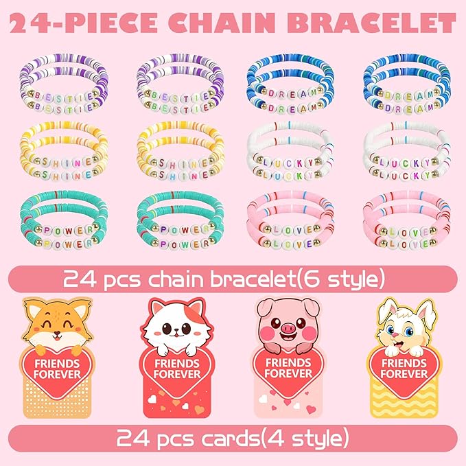 Valentine's Day card 24 packs with bracelets for kids' schools, and Valentine's Day exchange gifts with friendship beads for kids' classrooms