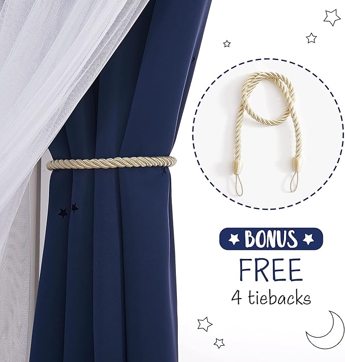 NICETOWN Stars and Moon Hollow-Out Blackout Curtains for Kids Room/Nursery, Grommet Top 2 Layer Window Treatment Curtain Panels for Living Room/Thanksgiving (2-Pack, W52 x L84 inches, Navy Blue)