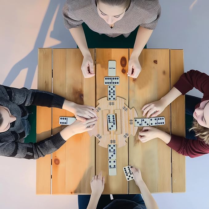 GOTHINK Mexican Train Dominoes Accessories Set - Mexican Train Dominoes Game for Adults & Family, 6.3-Inch Wooden Mexican Train Hub up with Felted Bottom, 9 Metal Train Markers, 100-Sheet Score Pads