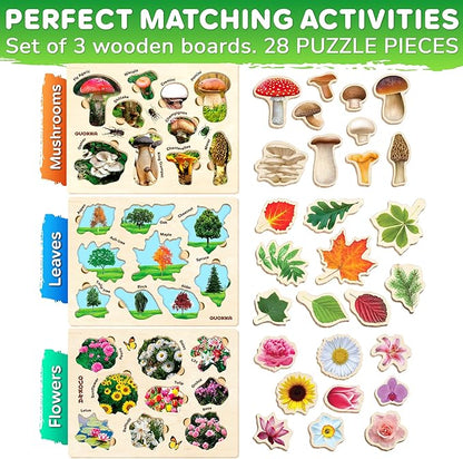 QUOKKA Wooden Puzzles for Toddlers 2-4 – 3X Set Montessori Toys Puzzles for Kids Ages 3-5 – Wood Educational Baby Game 12-18 Months – Gift Learning Mushrooms Flowers Leaves for Boy & Girl 3-5