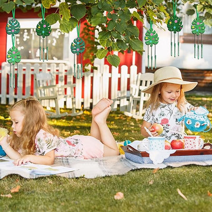 Fennoral 9 Pack Tropical Wind Chime Kit for Kids Make You Own Monstera Leaf Wind Chimes Ornaments DIY Coloring Wooden Art and Craft for Summer Art Activities Aloha Hawaii Tropical Party Decorations