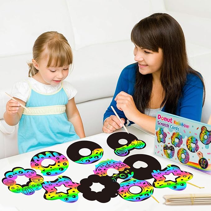 CY2SIDE Donut Craft Scratch Cards - 60PCS Doughnut Ornament Scratch Crafts Card Gift Set for Kids Sweet Candy Magic Art Rainbow Color Craft Scratch Kit for Kids Birthday Party Favors School Activity