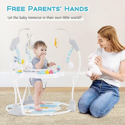 INFANS Baby Activity Center, 3 in 1 Play Center Jumpers and Bouncers with Music, Lights, Interactive Toys, 360°Rotating Seat, 3 Adjustable Heights, Exersaucer Learning Toys for Baby 6-12 Months (Blue)