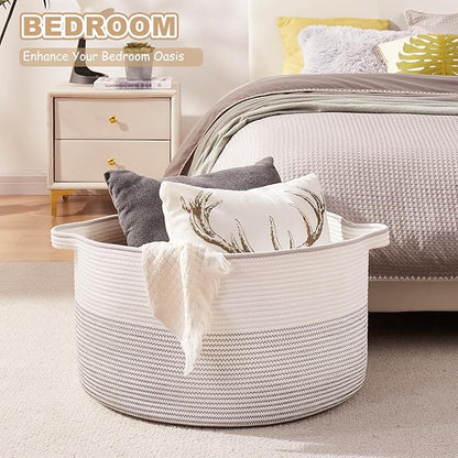 OIASKET Large Blanket Basket with Handles, 22.8" x 22.8" x 13" Woven Storage Basket for Living Room, Cotton Rope Baby Toy Storage for Clothes, Pillows, Towels-Black and White